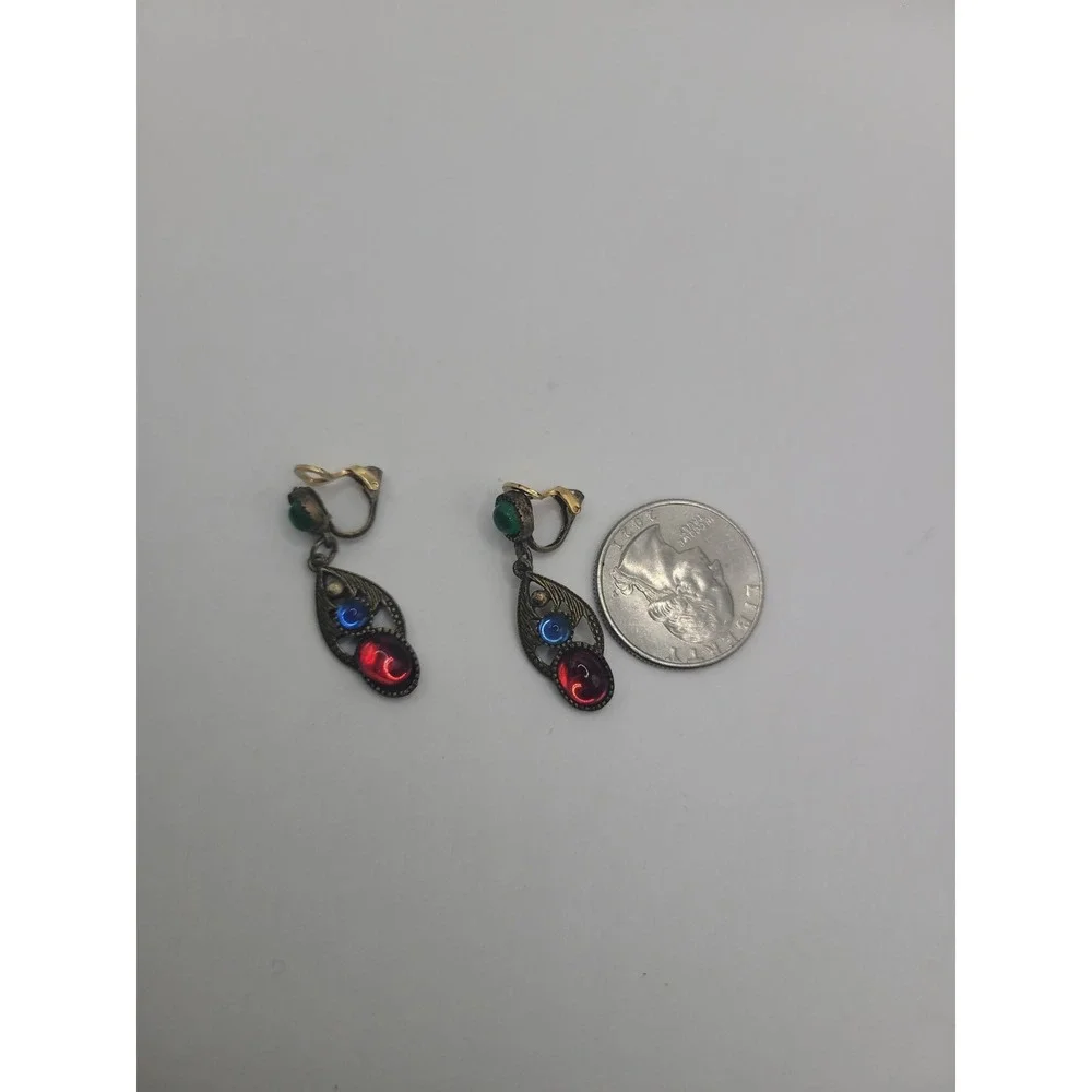 Vintage Multicolor Glass Cabochon Clip On Earrings Red Blue Green Gold Tone Dang